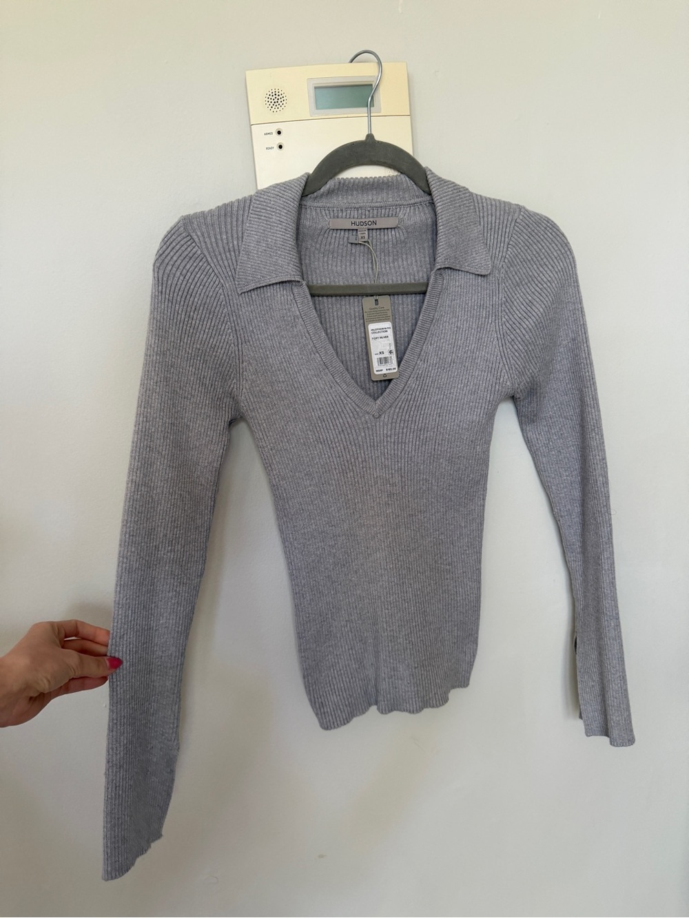 Hudson Jeans Ribbed V-Neck Polo Sweater — Silver Gray
